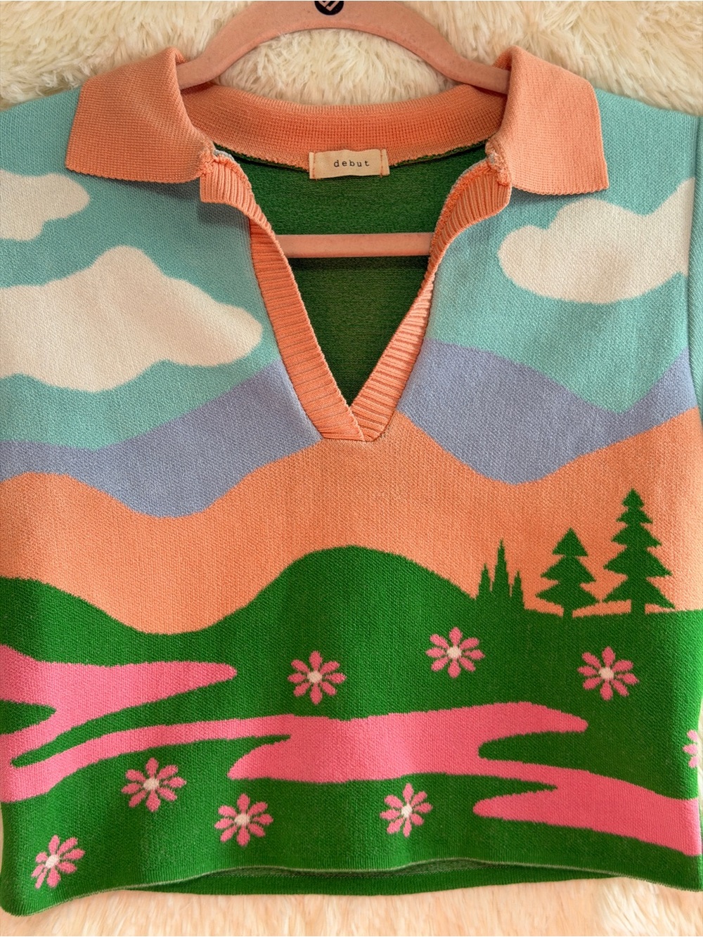 Debut Womens Meadow Print Cropped Sweater Size M/L Cottagecore Collared V-Neck - Picture 4 of 7